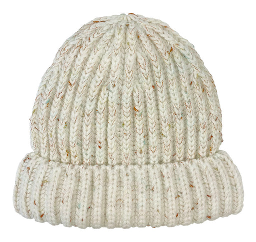 White knit beanie with tan accents against a white background. 