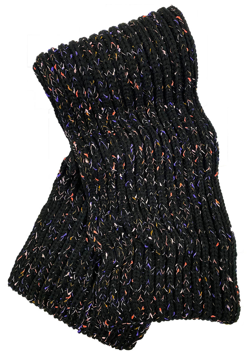 Black scarf with multicolor accents against a white background. 