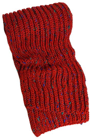 Red knit scarf against a white background. 