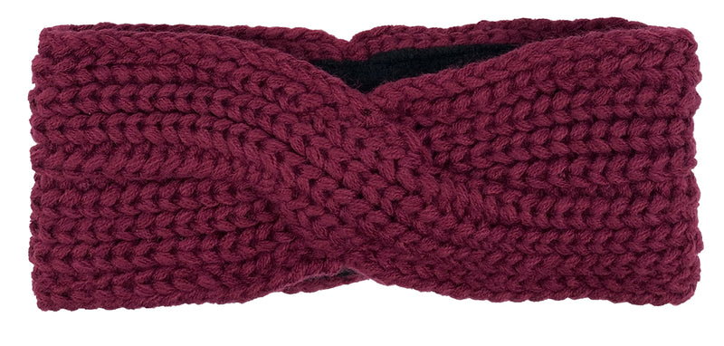 Burgundy knit headband against a white background. 