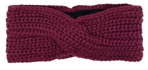 Burgundy knit headband against a white background. 