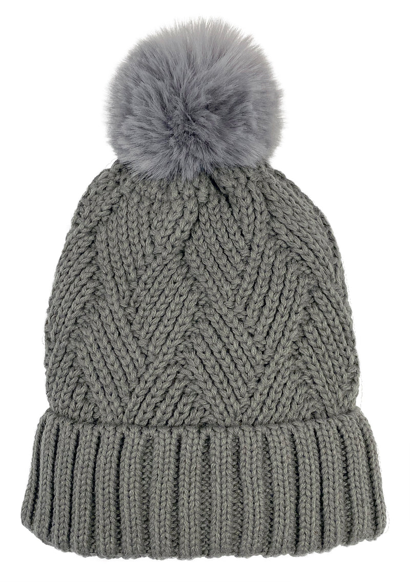 Gray knit pom pom beanie against a white background. 
