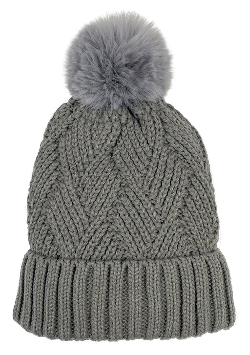 Gray knit pom pom beanie against a white background. 