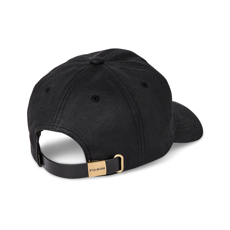Back view of a black baseball cap featuring a Filson logo against a white background. 