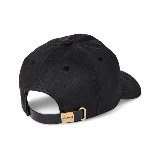 Back view of a black baseball cap featuring a Filson logo against a white background. 