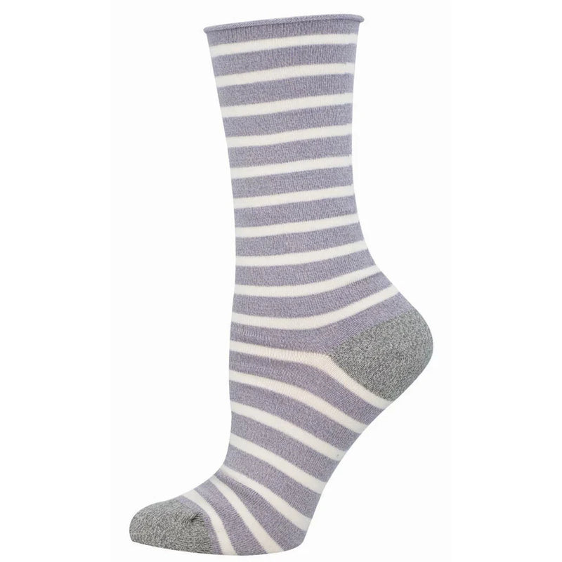 Gray and white striped crew sock on a white background.