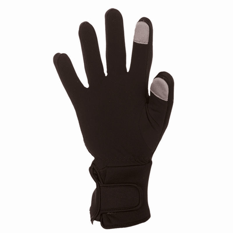Black glove with grey touch tips on a white background. 