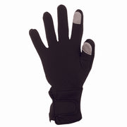 Black glove with two white fingertips against a white background. 