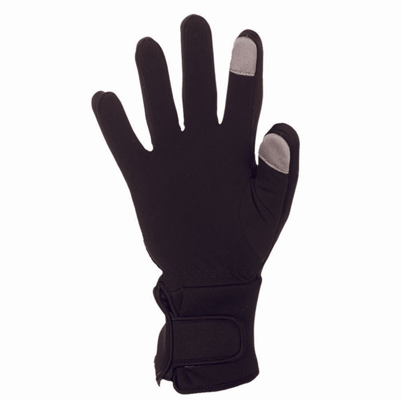 Black glove with two white fingertips against a white background. 