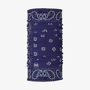 Navy neck gaiter with a white paisley pattern on a white background.