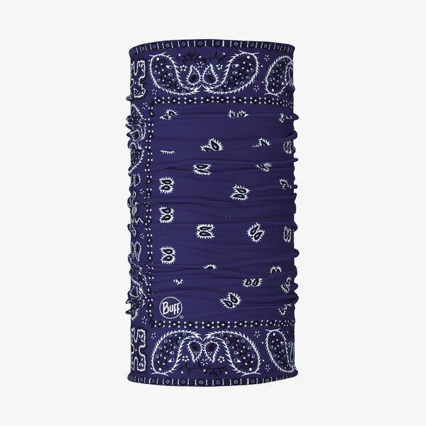 Navy neck gaiter with a white paisley pattern on a white background.