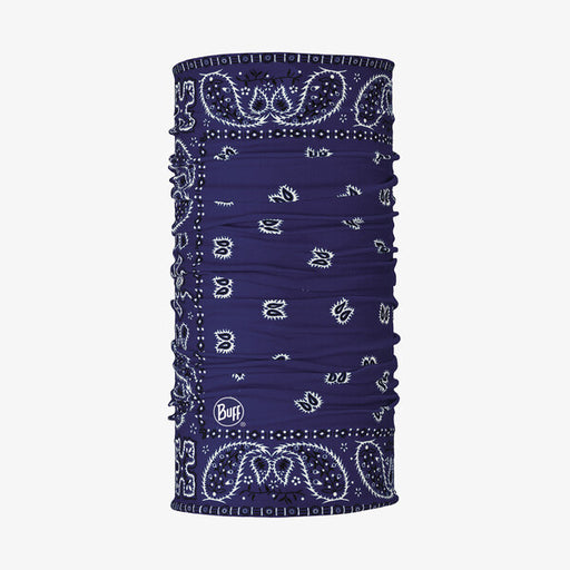 Navy neck gaiter with a white paisley pattern on a white background.