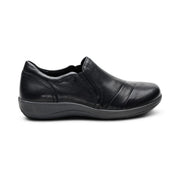 Black leather shoe on a white background.