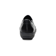 Back of a black leather shoe on a white background.