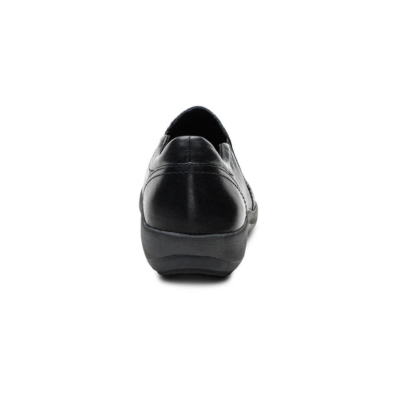 Back of a black leather shoe on a white background.