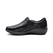 Black leather shoe on a white background.