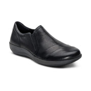 Black leather shoe on a white background.