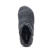 Black furry slipper on a white background.