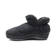 Black furry slipper on a white background.