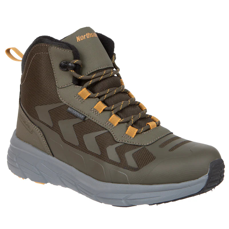 Green hiking boot with brown accents on a white background