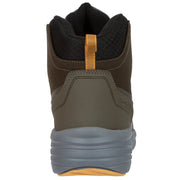 Back view of a brown and gray shoe with a yellow accent on a white background