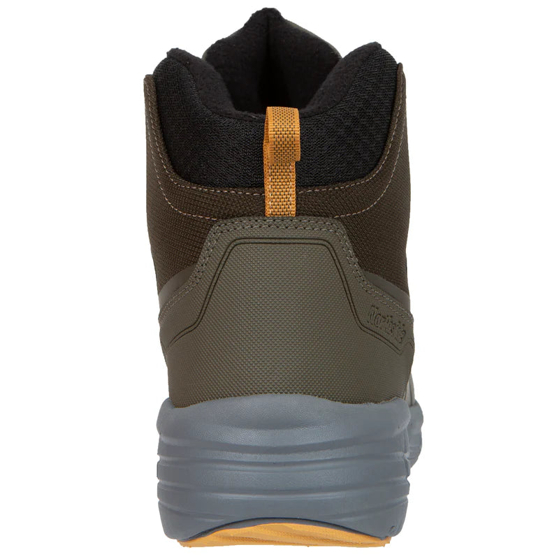 Back view of a brown and gray shoe with a yellow accent on a white background