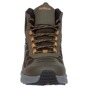 Green hiking boot with orange accents on a white background