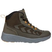 Green hiking boot with gray sole on a white background