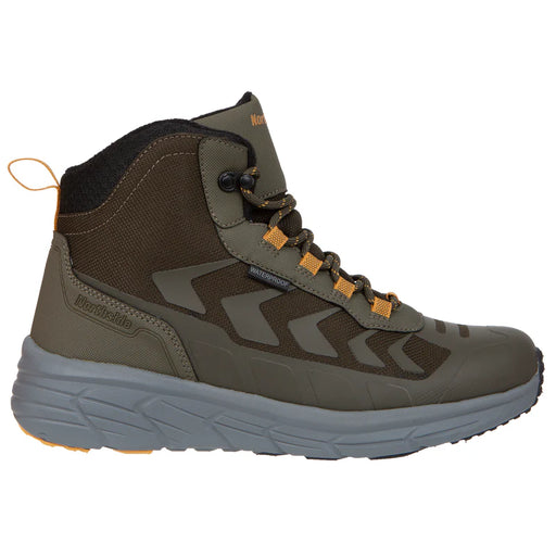 Green hiking boot with gray sole on a white background