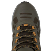 Close-up of a green hiking shoe with orange accents on a white background