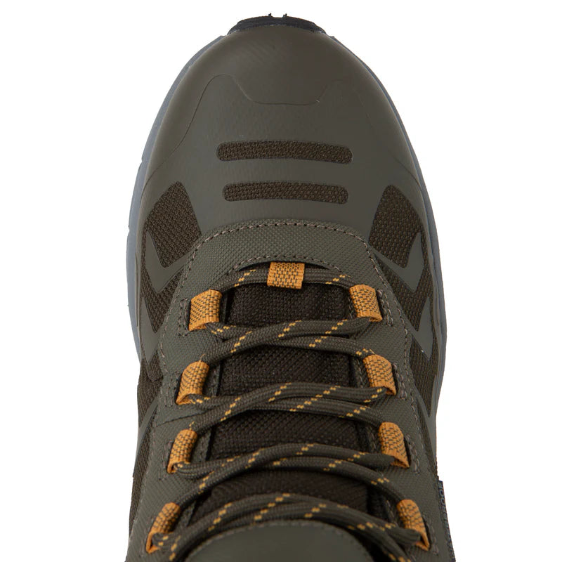 Close-up of a green hiking shoe with orange accents on a white background