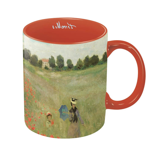 A ceramic mug featuring a print of Claude Monet's impressionist painting 'Woman with a Blue Umbrella in a Poppy Field'. The mug has a red interior and handle, with the artist's name 'Monet' written in white script inside the rim.
