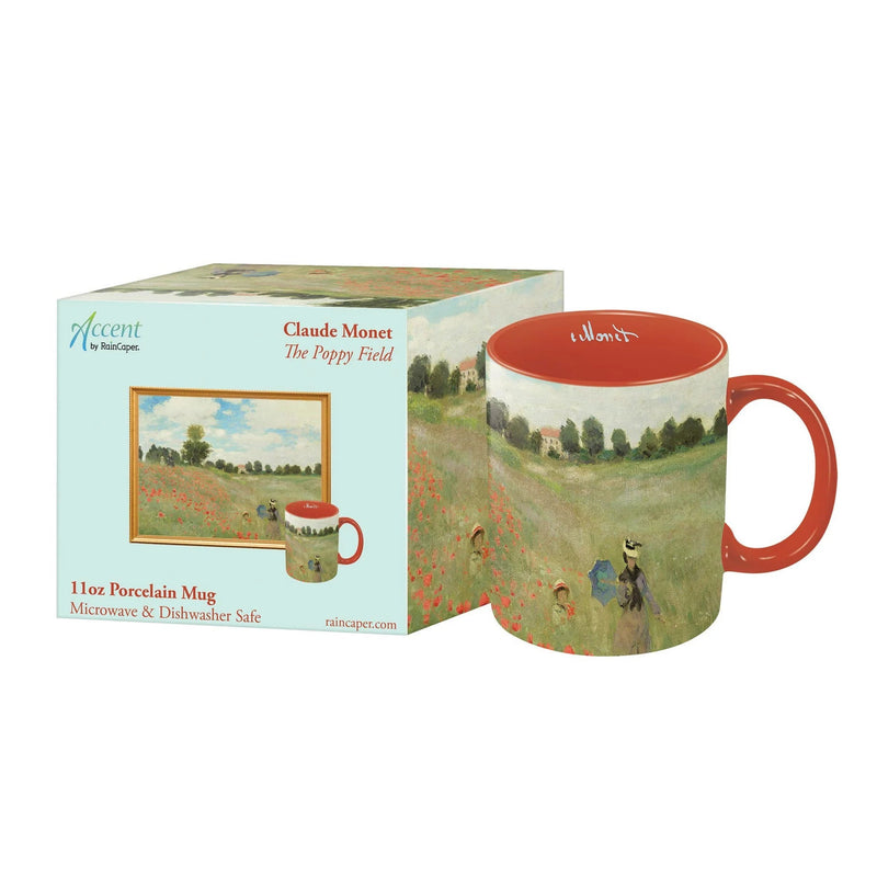 An 11oz porcelain mug featuring a full-coverage print of Claude Monet's "The Poppy Field" painting with an orangey-red handle and interior, shown next to a matching printed gift box. 