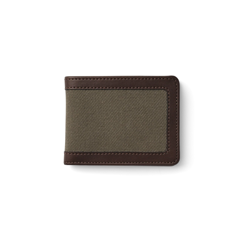 Closed up dark brown leather wallet with a gray fabric accent against a white background. 
