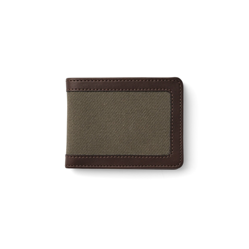 Closed up dark brown leather wallet with a gray fabric accent against a white background. 