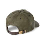 Back view of an olive green colored baseball cap featuring a Filson logo against a white background. 