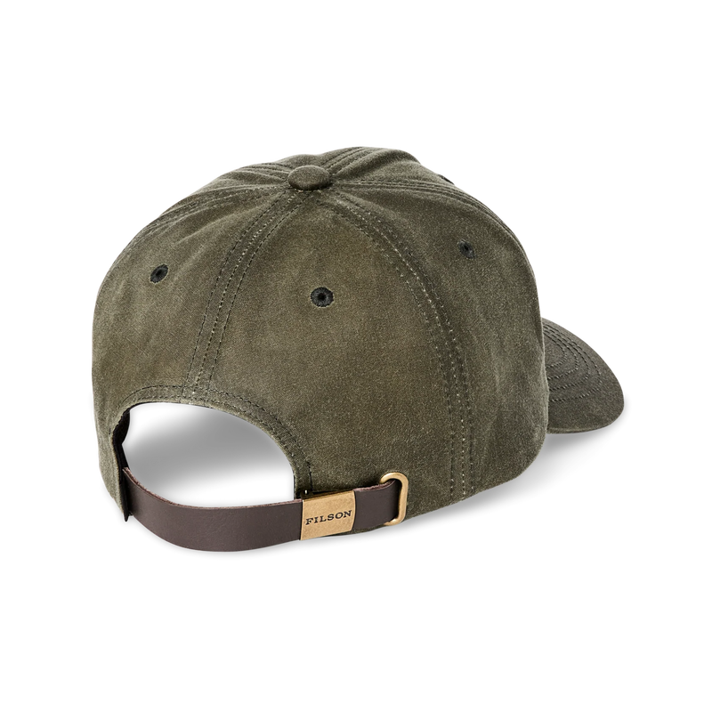 Back view of an olive green colored baseball cap featuring a Filson logo against a white background. 