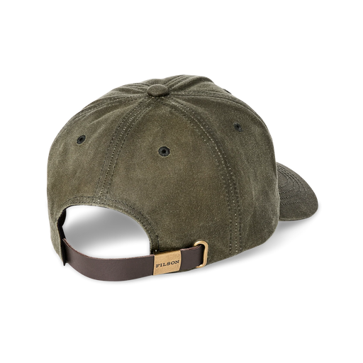 Back view of an olive green colored baseball cap featuring a Filson logo against a white background. 