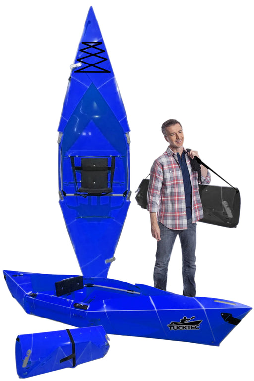 Blue kayak with accessories on a white background.