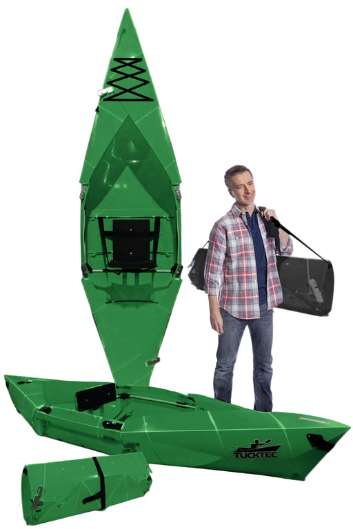 Green kayak with folded sections and a person holding a carrying bag against a white background