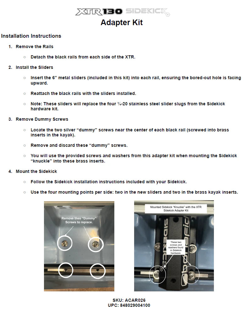 Installation instructions for a Sidekick adapter kit with images of installation steps.