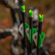 Close-up of several arrows with bright green nocks and green-and-white fletching, standing upright in a blurred outdoor setting.