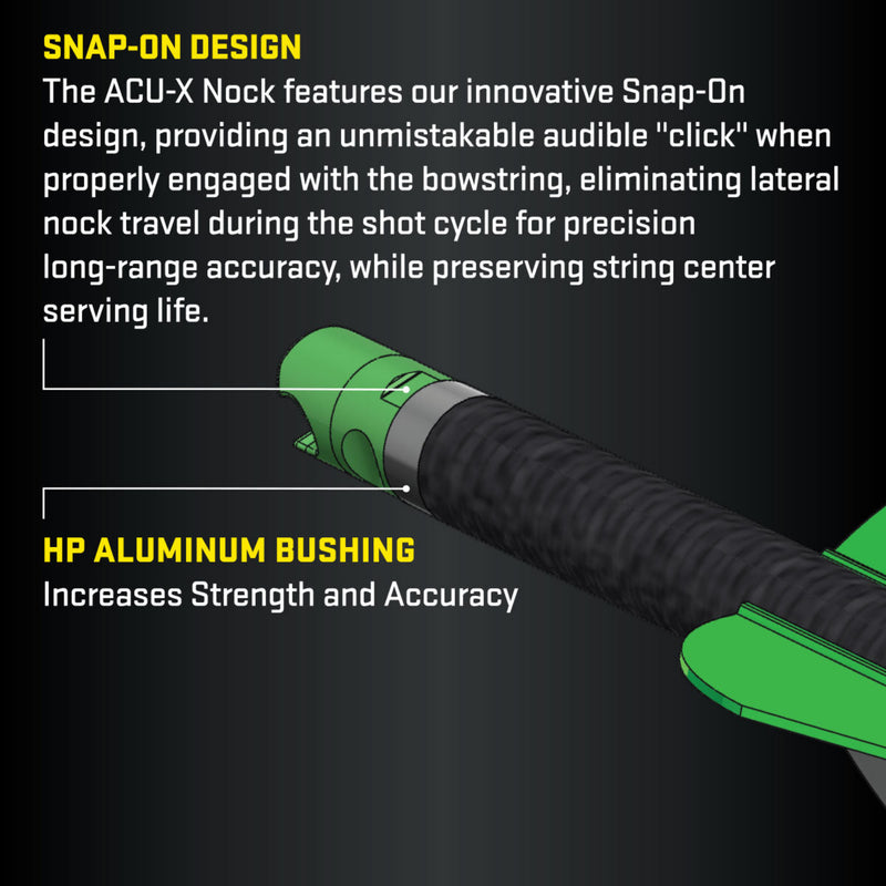 Green archery nock with text explaining its design and features on a black background