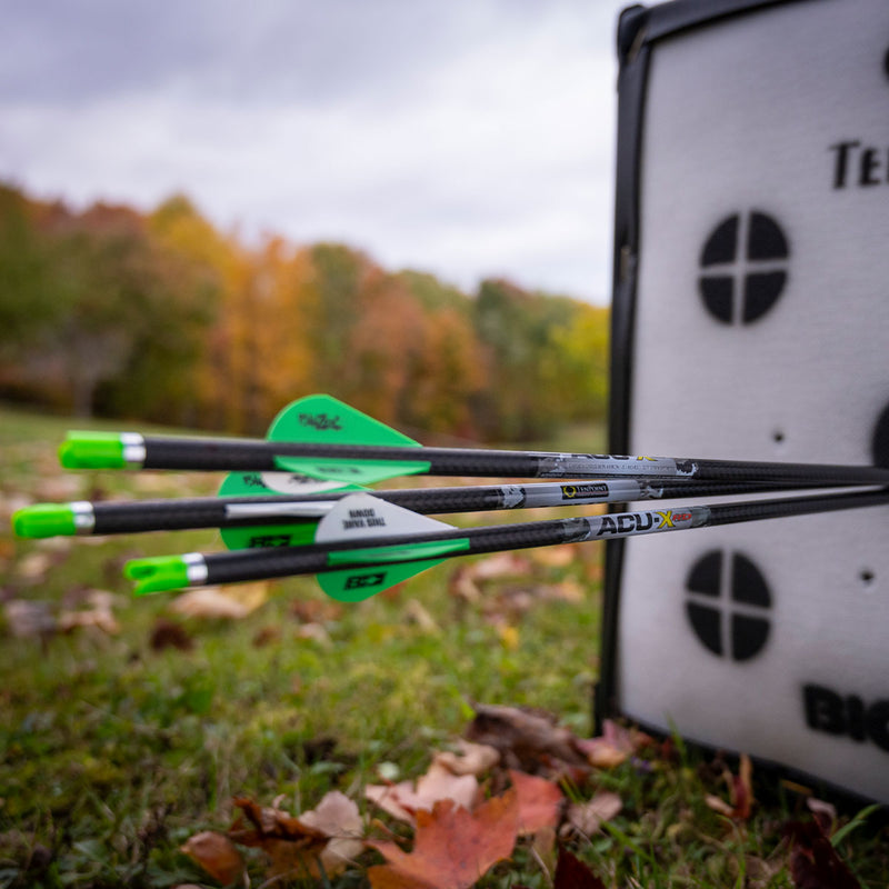 Archery arrows with green fletchings on a target in an outdoor setting.
