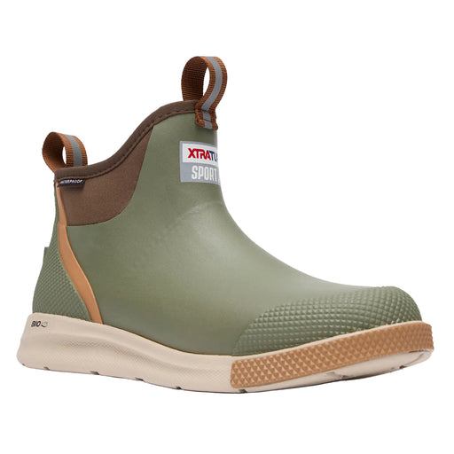 Green and brown rubber boot with Xtratuf logo on a white background