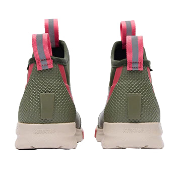 Green and pink sneakers with unique sole design on a white background
