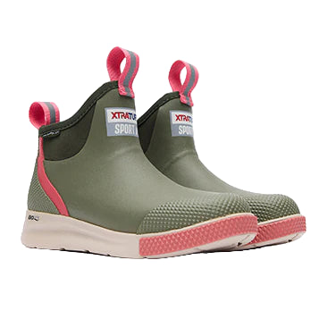 Green and pink slip-on boots with  branding on a white background