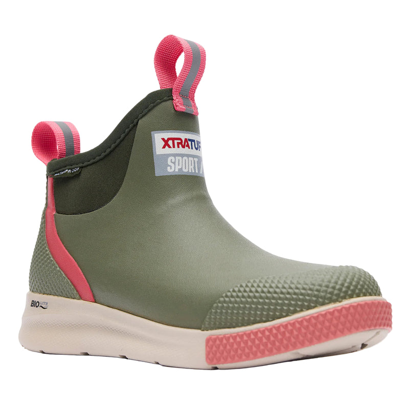 Green and pink rubber boot with Xtratuf logo on a white background