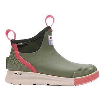 Green and pink slip-on shoe with a white sole on a light gray background