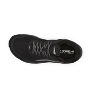The top of a black running shoe on a white background
